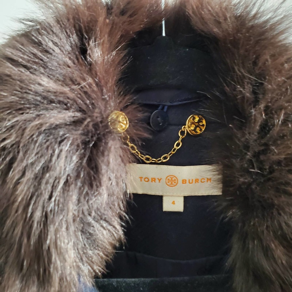 TORY BURCH • Navy Blue Alexandre Removable Fur Trim Pea Coat Sz 4 - Picture 6 of 11